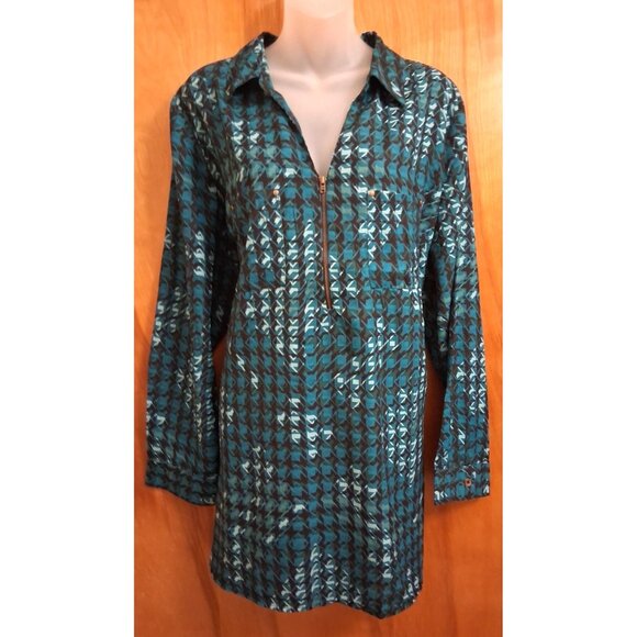Catherines Tunic Size 1X Pullover 1/2 Zip Blue Green Black Long Sleeve Collared - Picture 1 of 5